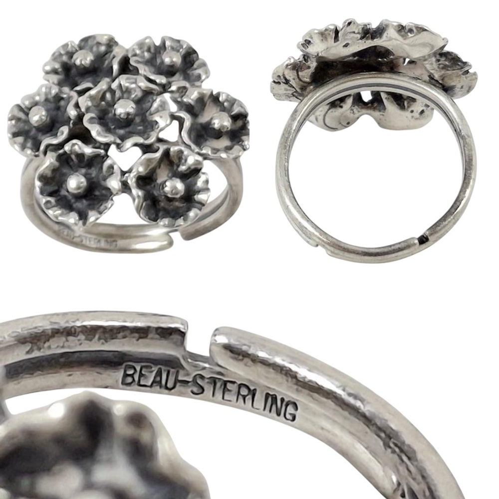 Vintage Sterling Silver Floral Ring by Beau, adjustable size 4.25, Flower
